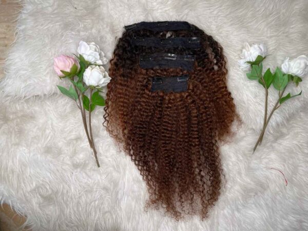 Clip in extension curly in brown and honey brown ombré